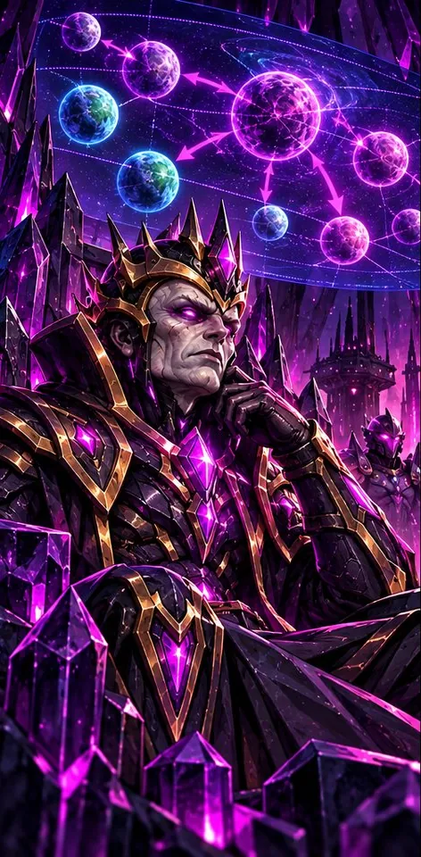 Imperator Vaxar auf seinem Thron, hinter ihm eine Karte der eroberten Planeten